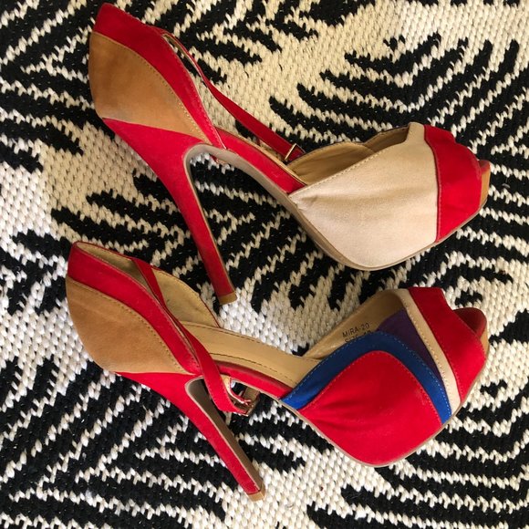 Red Navy Blue Tan Stiletto Heels - Picture 5 of 11